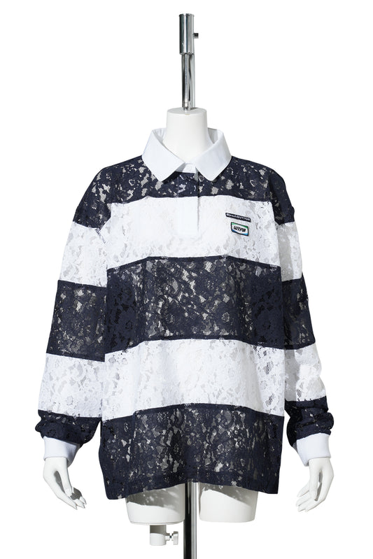 NAVY LACE STRIPE PIQUÉ TOP / NAVY