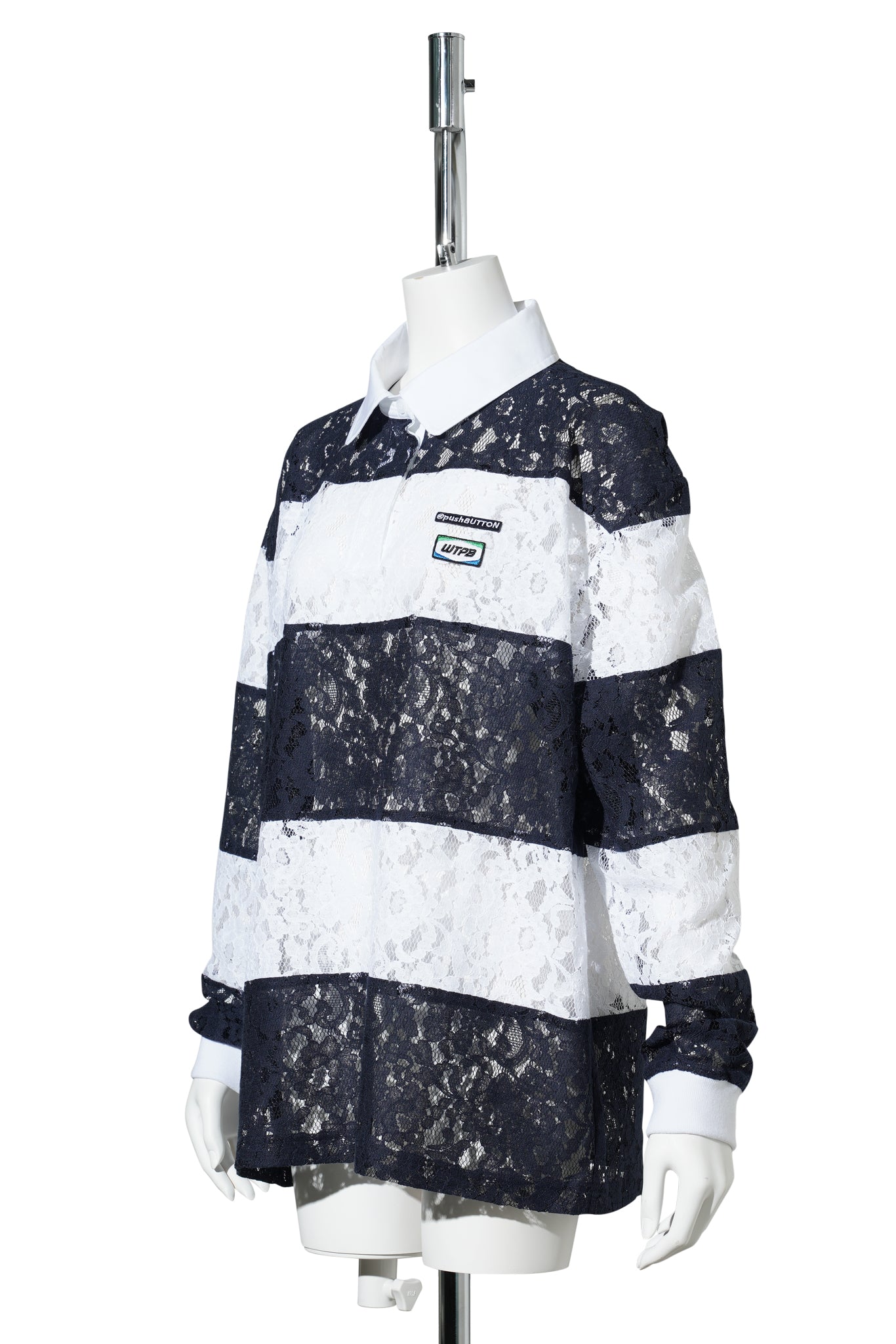 NAVY LACE STRIPE PIQUÉ TOP / NAVY