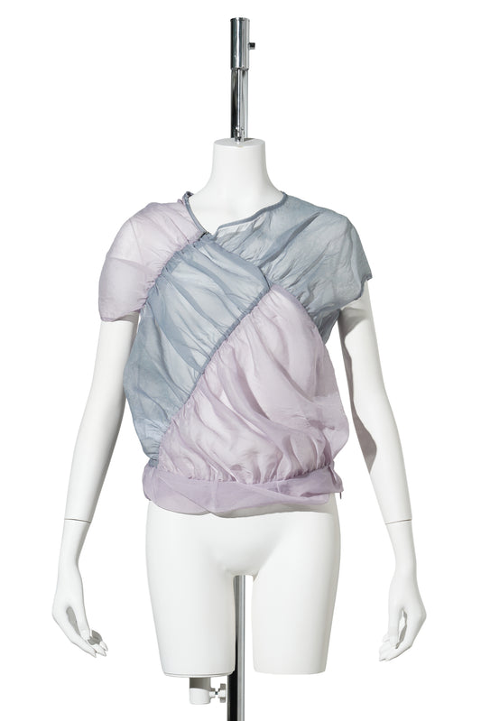 LIGHT BLUE COLOR BLOCK TWISTED SHEER BLOUSE / LIGHT BLUE