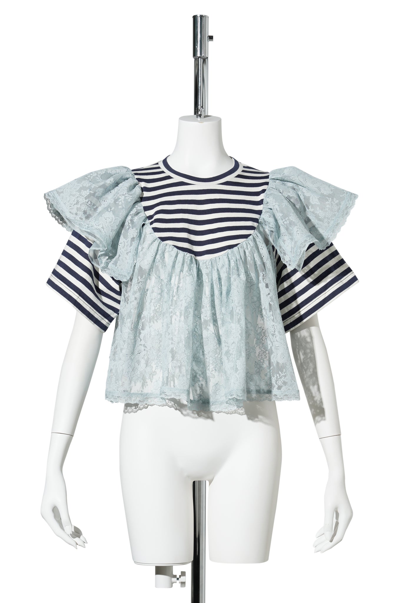 BLUE CROPPED LACE LAYERED STRIPE TOP / BLUE
