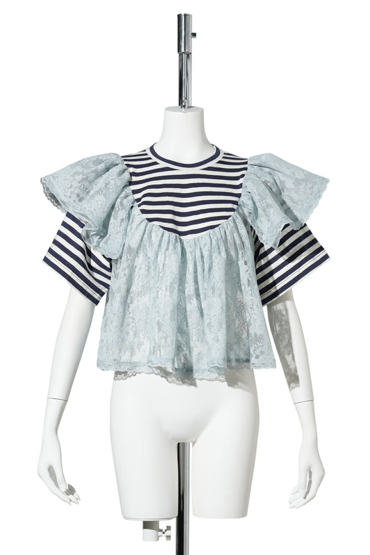BLUE CROPPED LACE LAYERED STRIPE TOP / BLUE