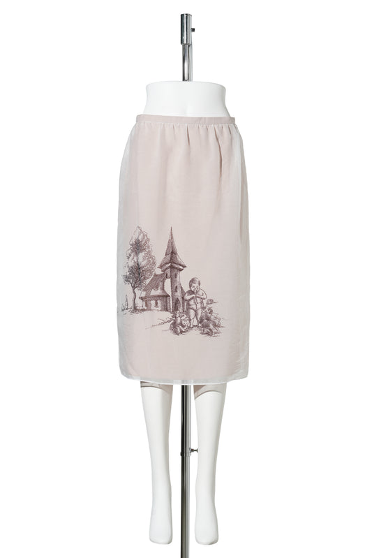 WHITE GRAPHIC SHEER LAYERED MIDI SKIRT / WHITE