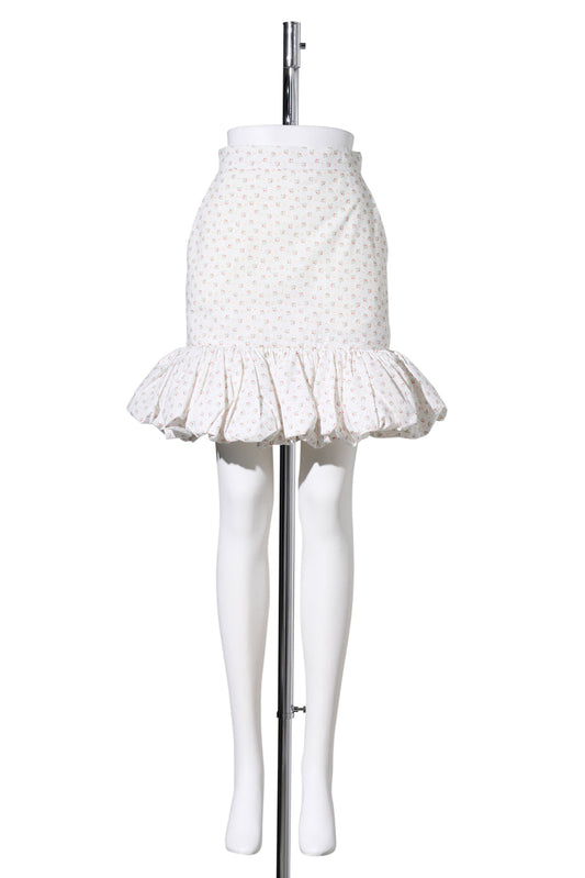 WHITE FLORAL VOLUME HEM SKIRT / WHITE