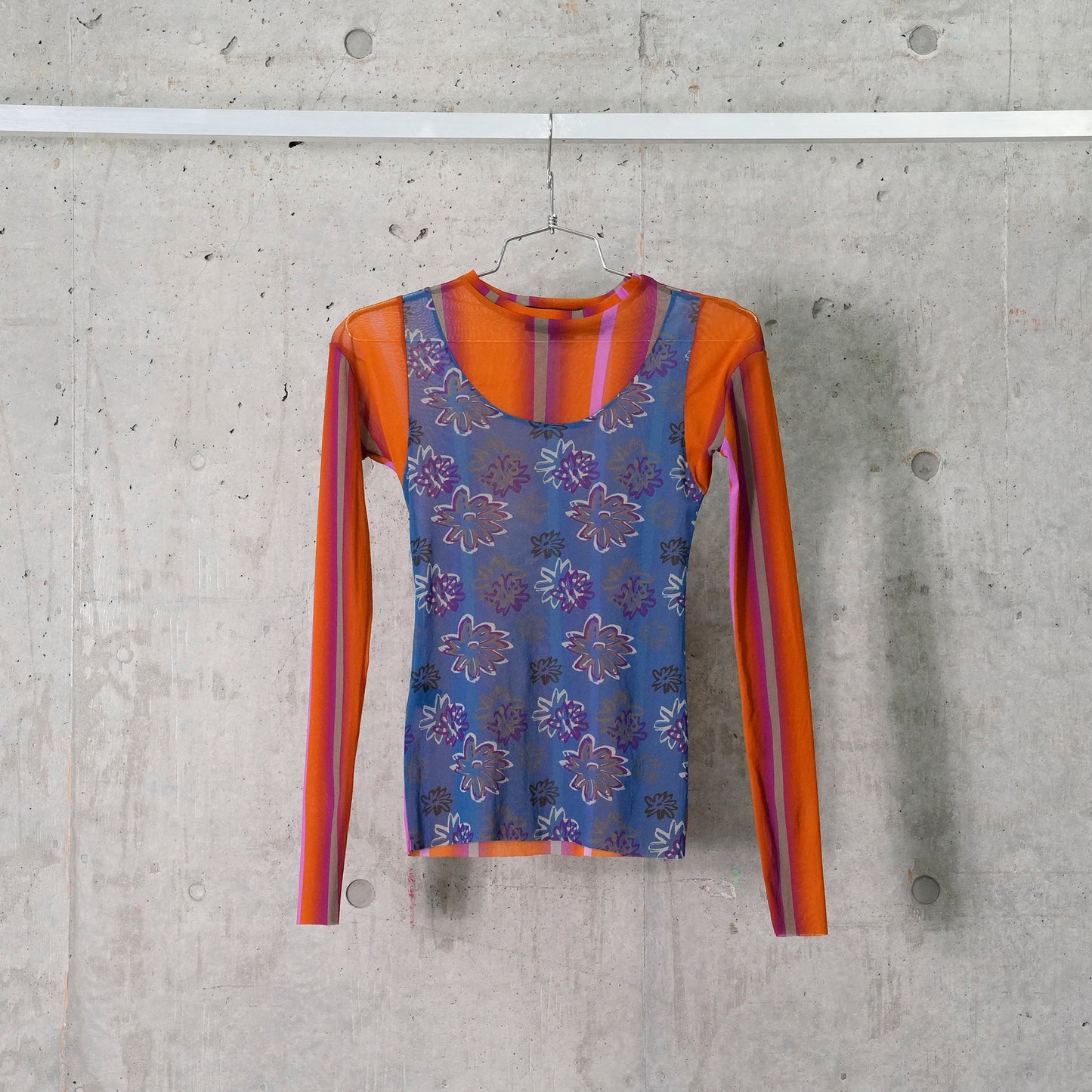 LONG SLEEVE MESH TOP / TEAL & ORANGE