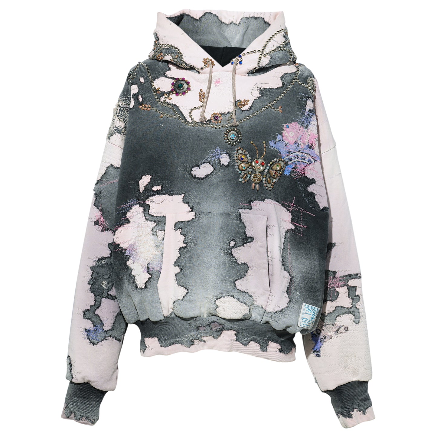 HARD DISTRESSED DEER LEATHER×STUDS HOODIE (HIPPIE FLOWER×BUTTERFLY) / PINK