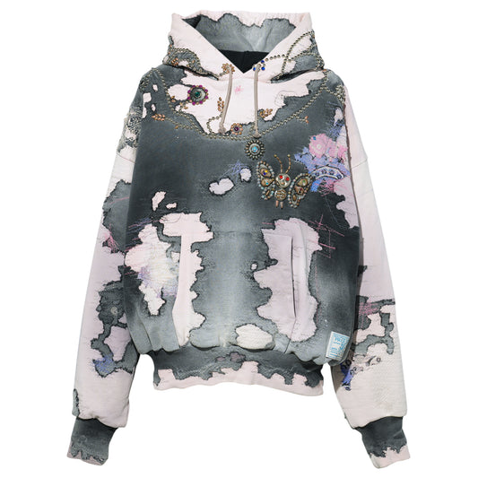 HARD DISTRESSED DEER LEATHER×STUDS HOODIE (HIPPIE FLOWER×BUTTERFLY) / PINK