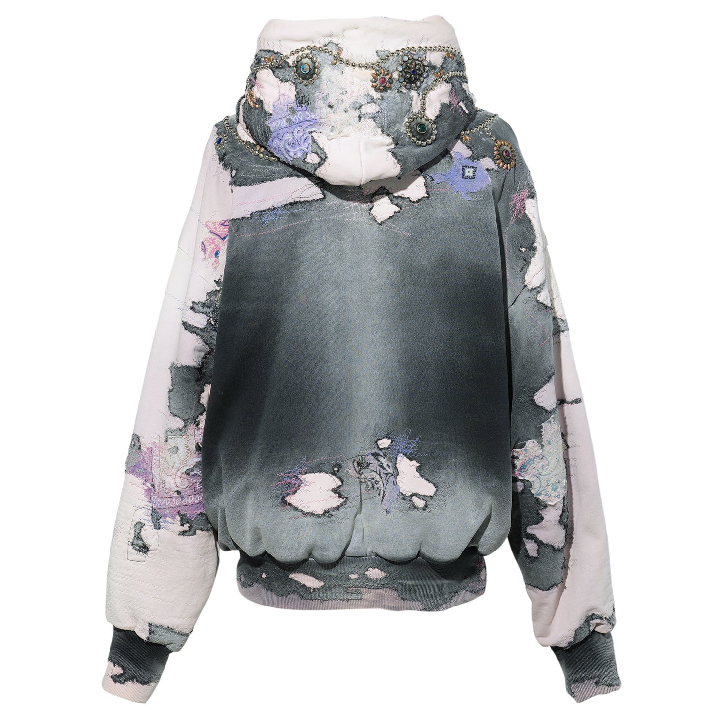 HARD DISTRESSED DEER LEATHER×STUDS HOODIE (HIPPIE FLOWER×BUTTERFLY) / PINK