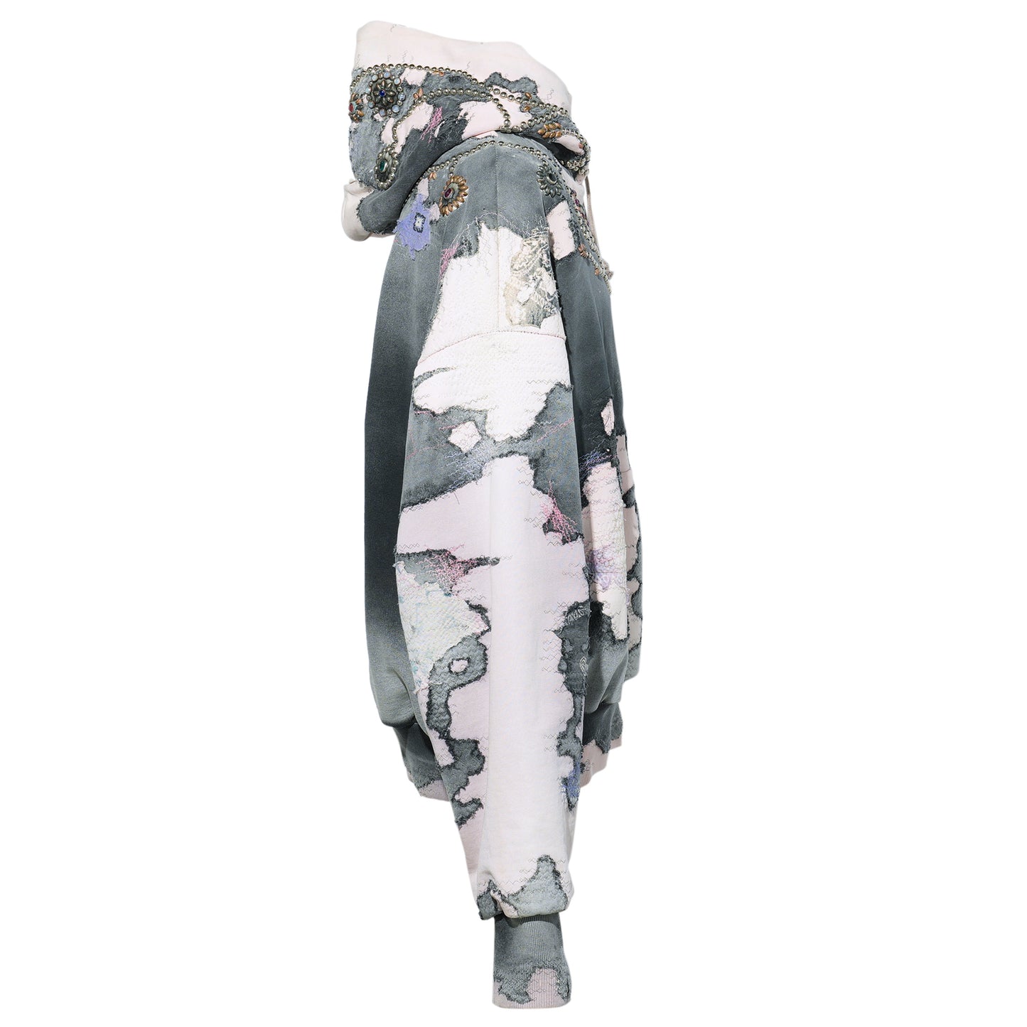 HARD DISTRESSED DEER LEATHER×STUDS HOODIE (HIPPIE FLOWER×BUTTERFLY) / PINK