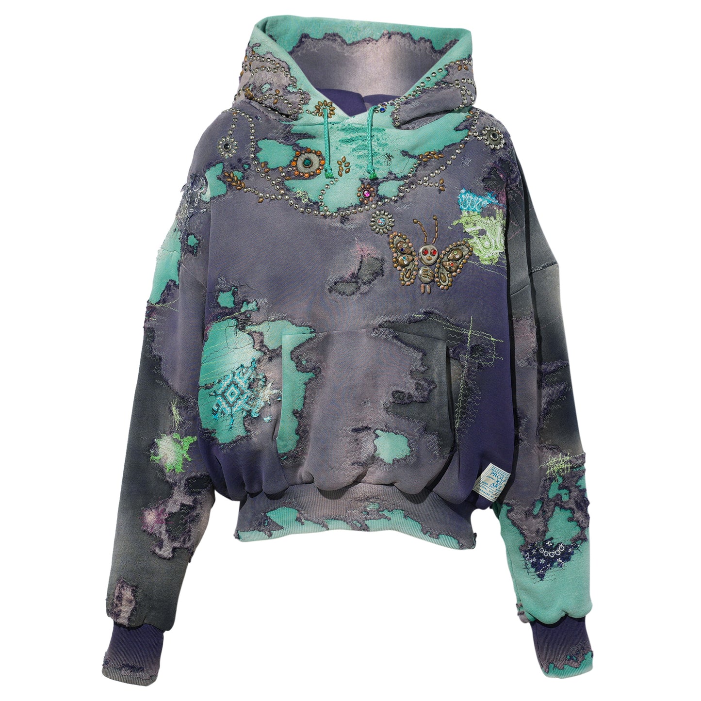 HARD DISTRESSED DEER LEATHER×STUDS HOODIE (HIPPIE FLOWER×BUTTERFLY) / PURPLE