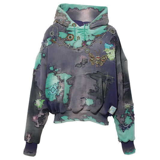 HARD DISTRESSED DEER LEATHER×STUDS HOODIE (HIPPIE FLOWER×BUTTERFLY) / PURPLE