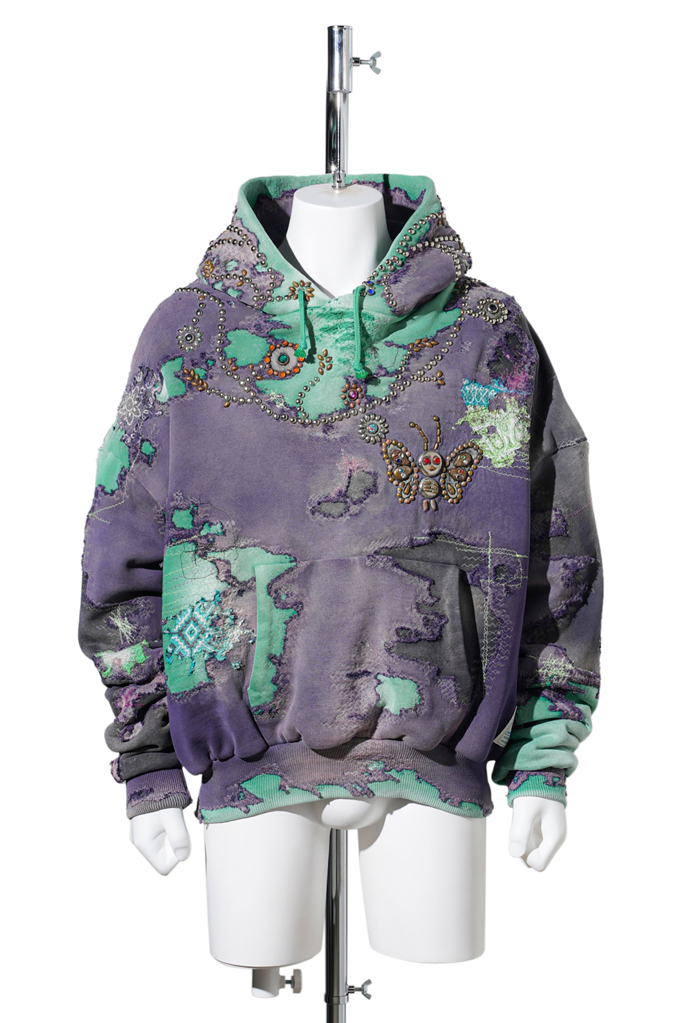 HARD DISTRESSED DEER LEATHER×STUDS HOODIE (HIPPIE FLOWER×BUTTERFLY) / PURPLE