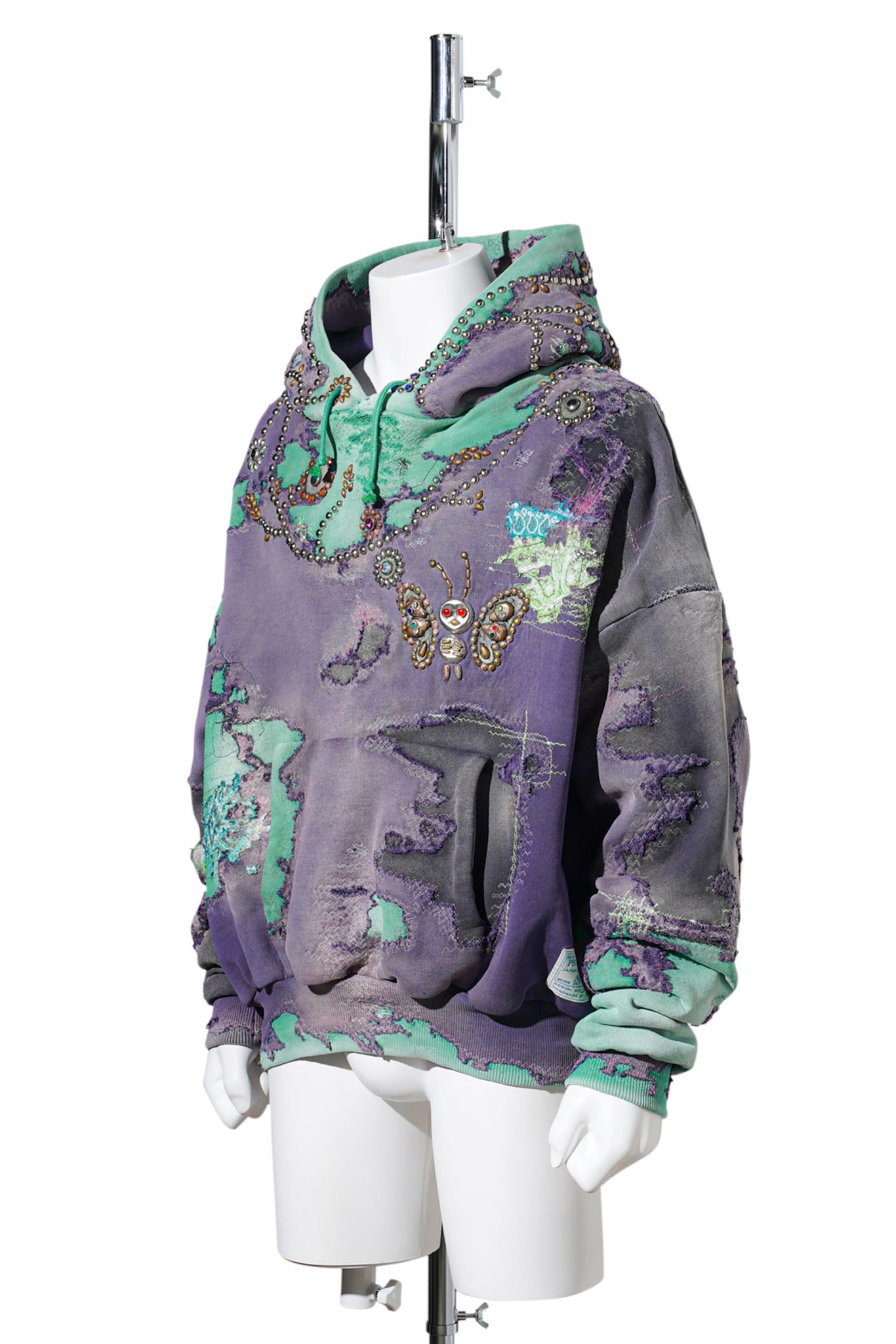 HARD DISTRESSED DEER LEATHER×STUDS HOODIE (HIPPIE FLOWER×BUTTERFLY) / PURPLE