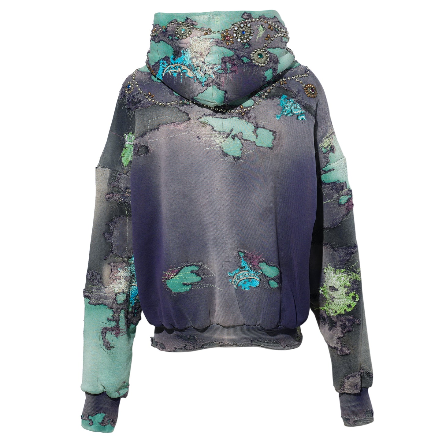 HARD DISTRESSED DEER LEATHER×STUDS HOODIE (HIPPIE FLOWER×BUTTERFLY) / PURPLE