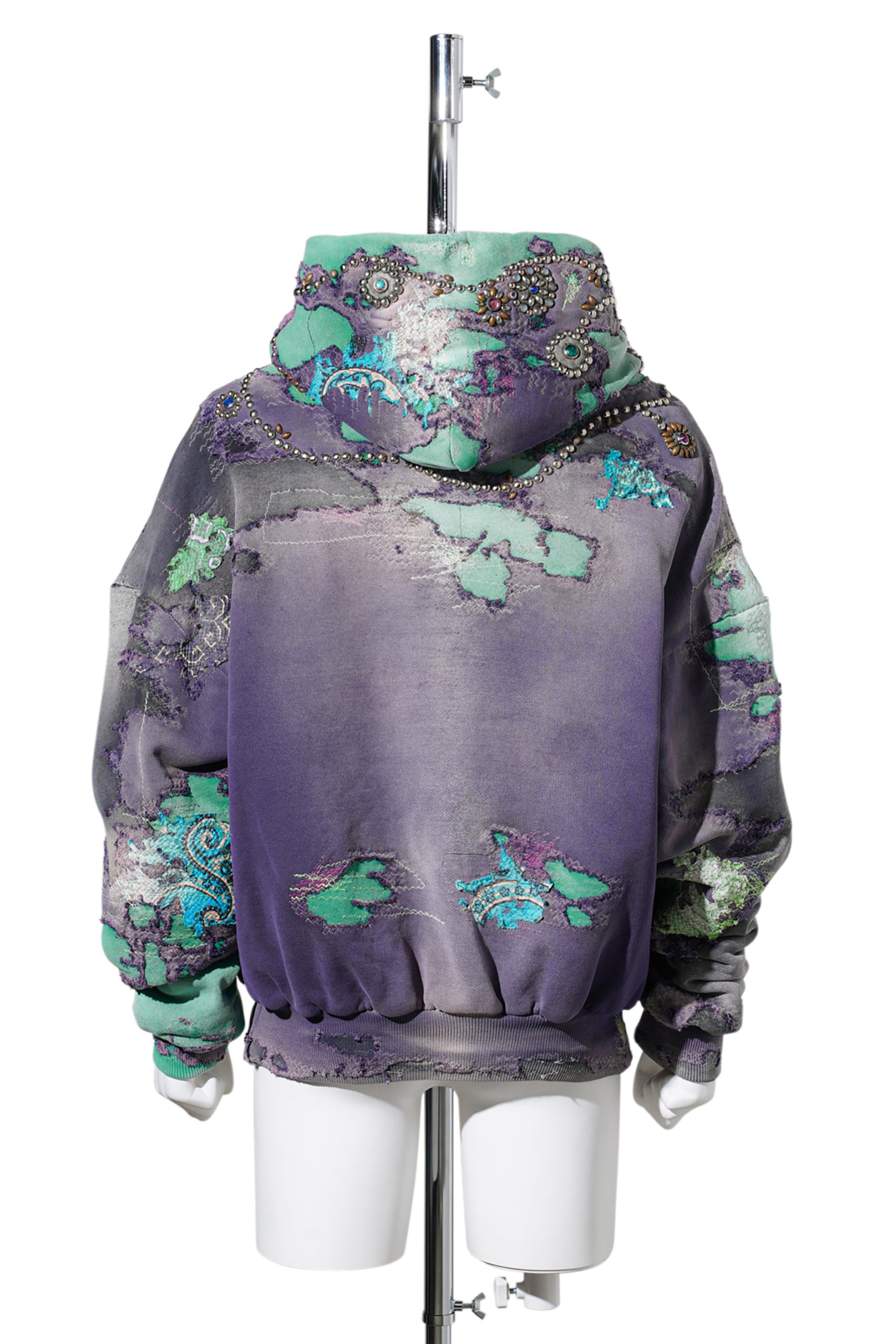 HARD DISTRESSED DEER LEATHER×STUDS HOODIE (HIPPIE FLOWER×BUTTERFLY) / PURPLE
