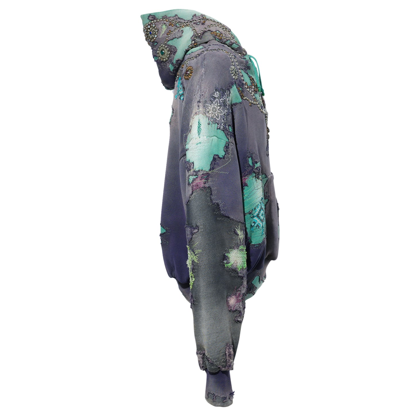 HARD DISTRESSED DEER LEATHER×STUDS HOODIE (HIPPIE FLOWER×BUTTERFLY) / PURPLE