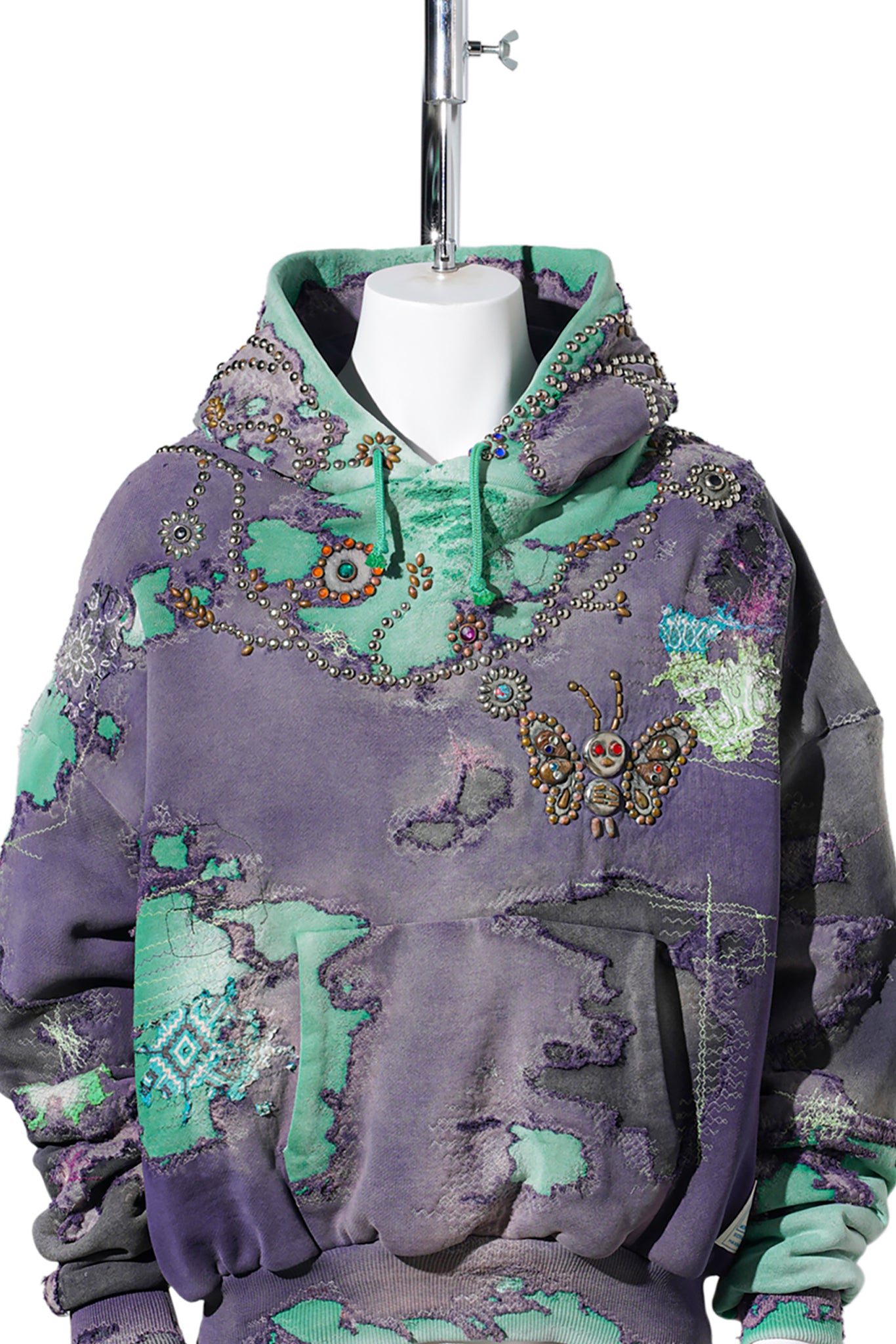 HARD DISTRESSED DEER LEATHER×STUDS HOODIE (HIPPIE FLOWER×BUTTERFLY) / PURPLE