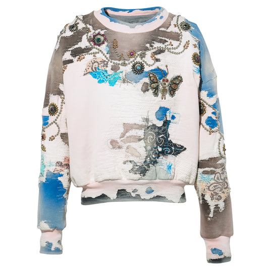 HARD DISTRESSED DEER LEATHER×STUDS HOODIE (HIPPIE FLOWER×BUTTERFLY) / PINK