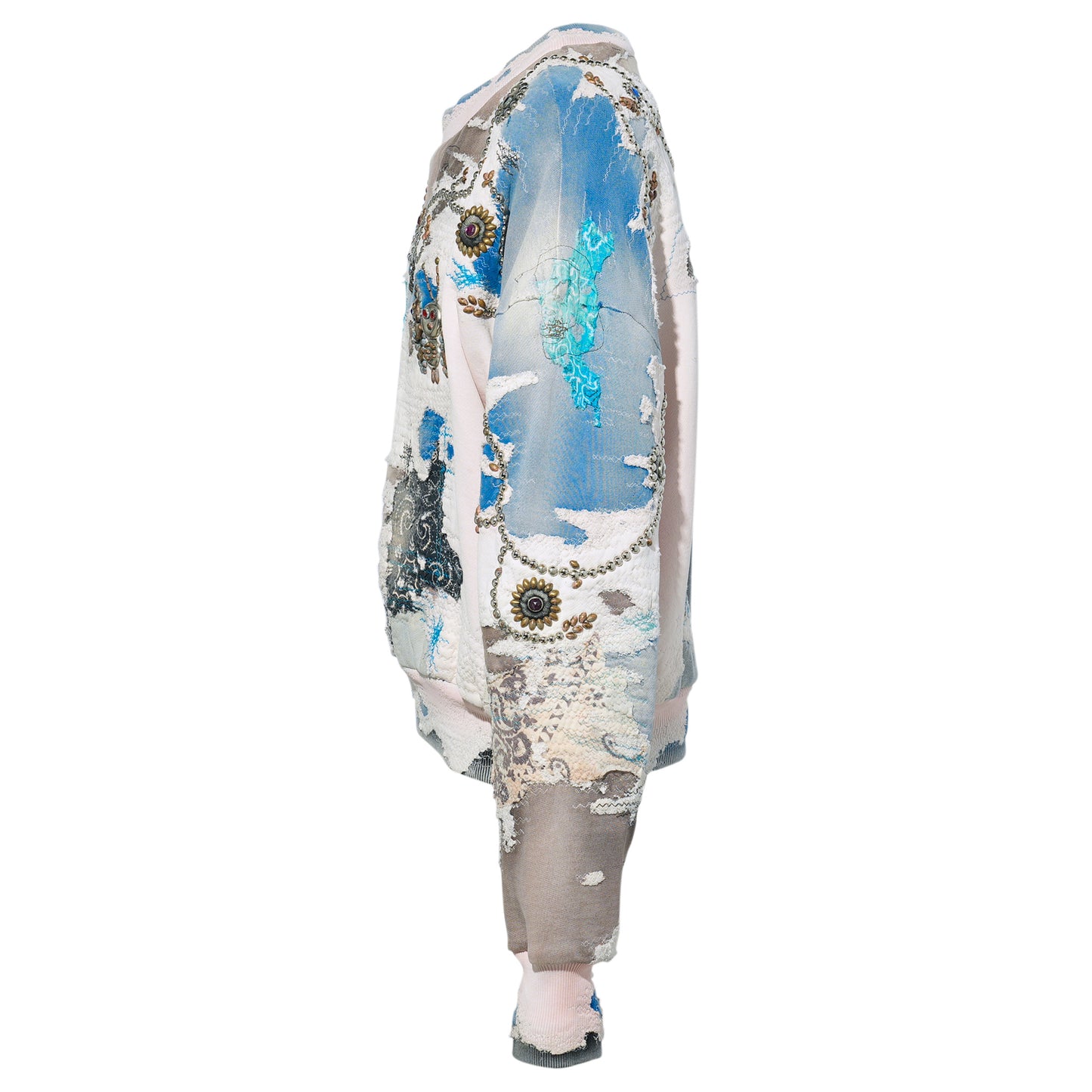 HARD DISTRESSED DEER LEATHER×STUDS HOODIE (HIPPIE FLOWER×BUTTERFLY) / PINK