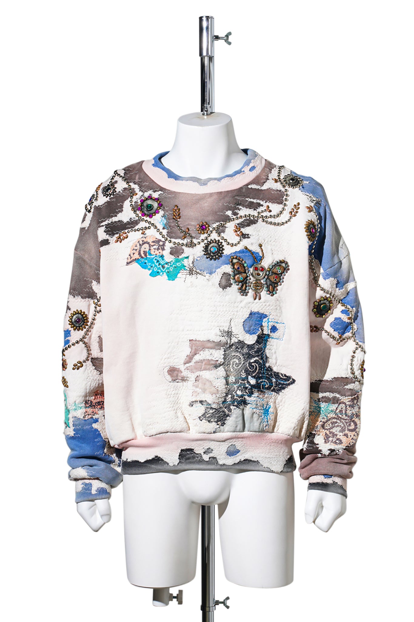 HARD DISTRESSED DEER LEATHER×STUDS HOODIE (HIPPIE FLOWER×BUTTERFLY) / PINK