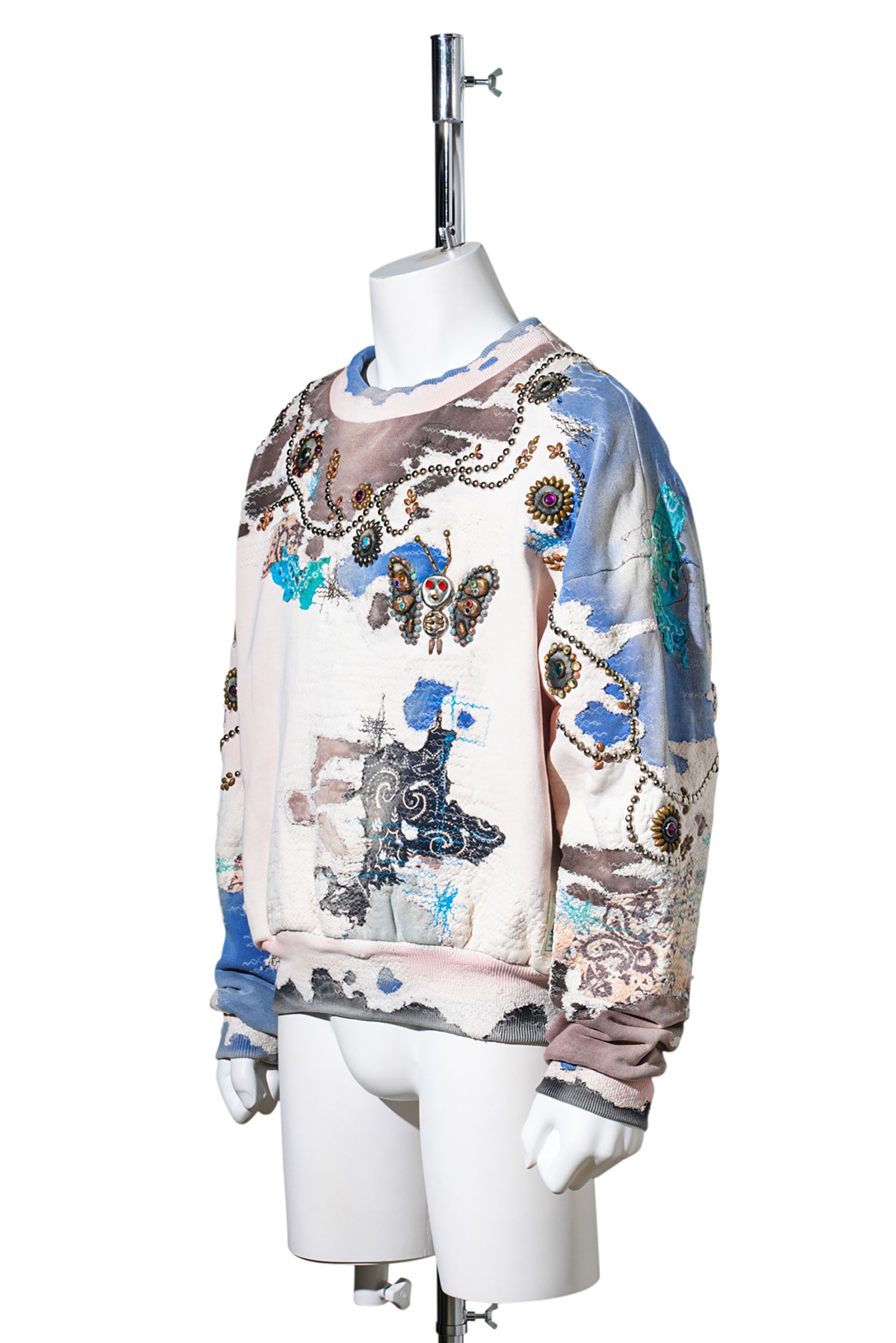 HARD DISTRESSED DEER LEATHER×STUDS HOODIE (HIPPIE FLOWER×BUTTERFLY) / PINK