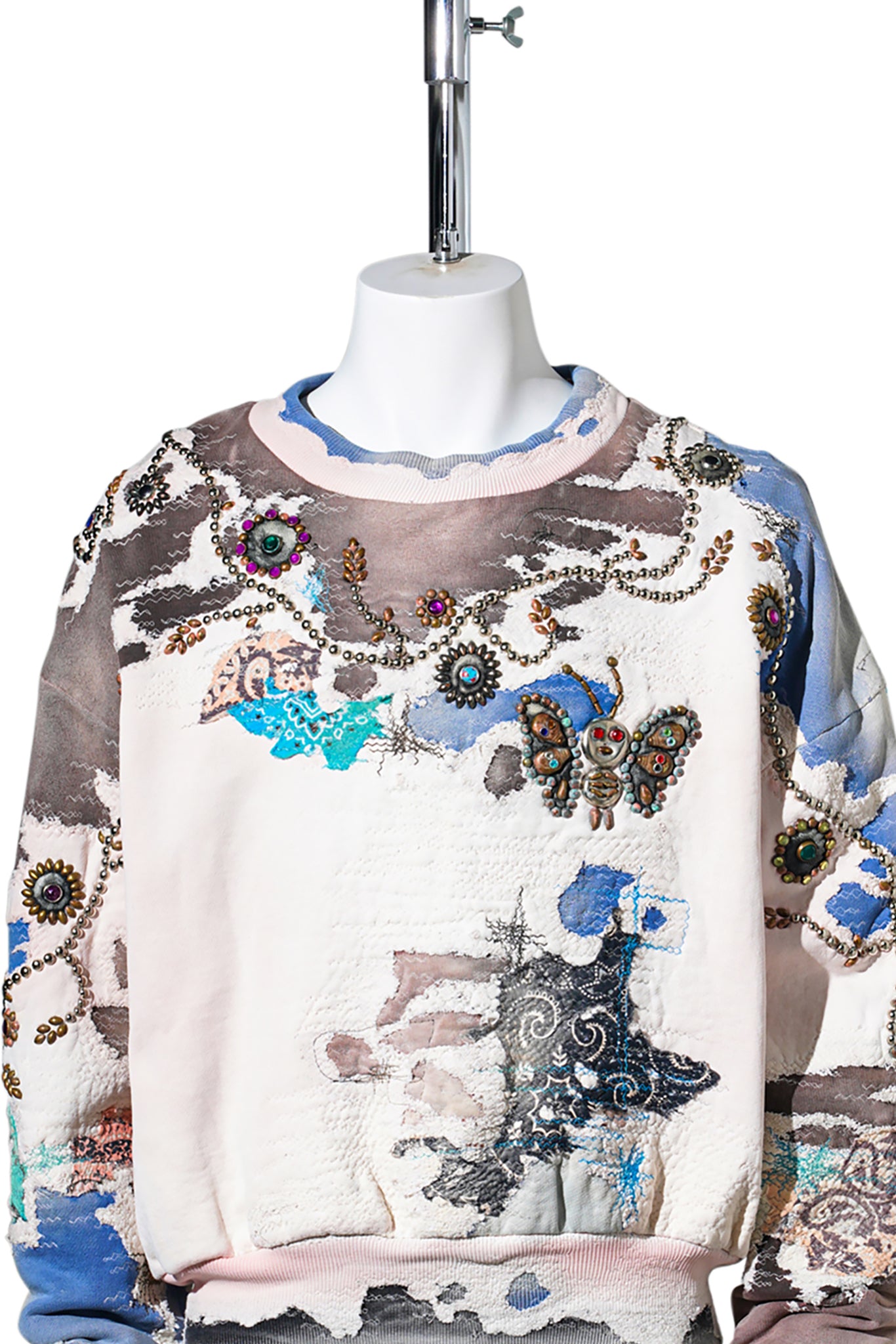 HARD DISTRESSED DEER LEATHER×STUDS HOODIE (HIPPIE FLOWER×BUTTERFLY) / PINK
