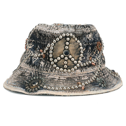 UROBOROS DEER LEATHER×STUDS BUCKET HAT (HIPPIE FLOWER×PEACE) / BLACK