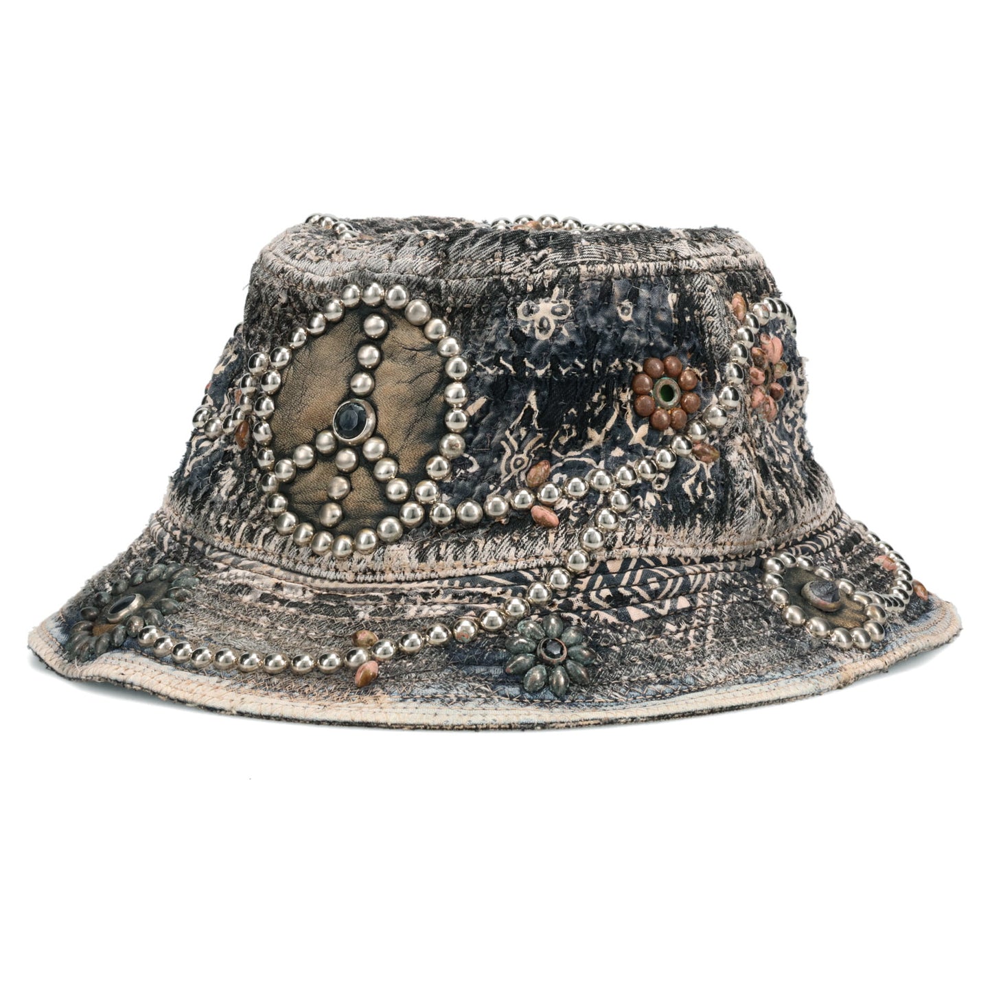 UROBOROS DEER LEATHER×STUDS BUCKET HAT (HIPPIE FLOWER×PEACE) / BLACK