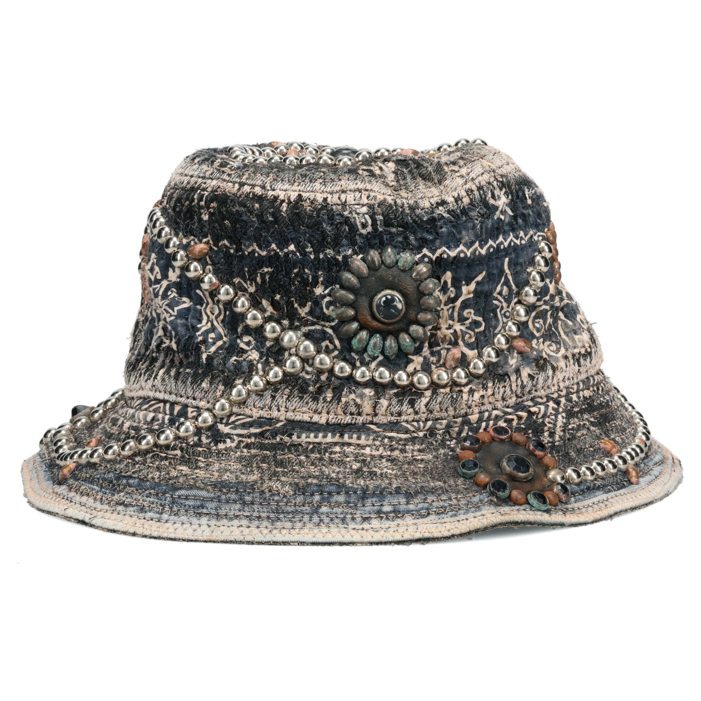 UROBOROS DEER LEATHER×STUDS BUCKET HAT (HIPPIE FLOWER×PEACE) / BLACK