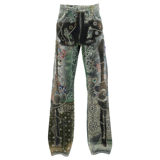 RULES BONE×FLOWER STUDS JEANS(DEATH&REBIRTH) / GREEN