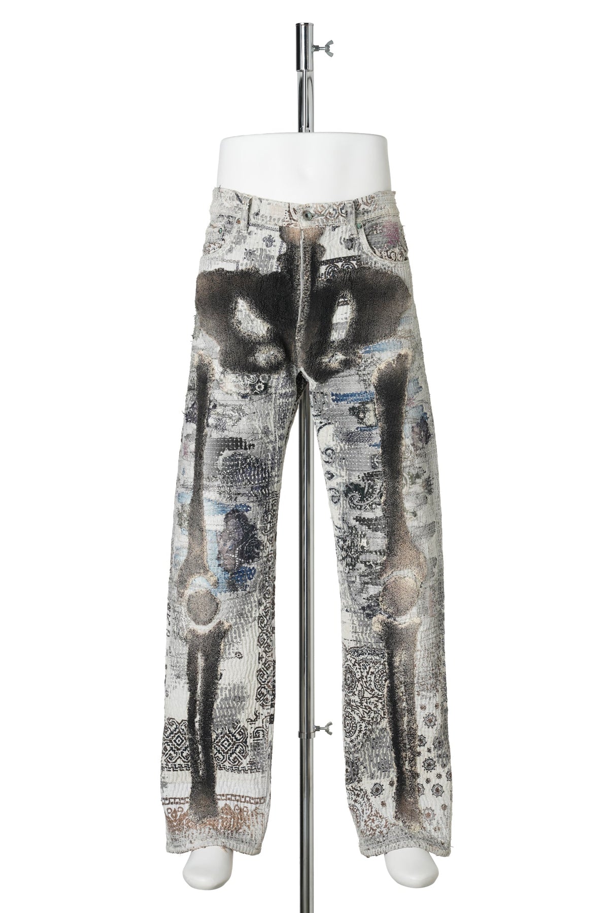 RULES 褸優縷頭 HAND EMBROIDERY MOTORCYCLE JEANS ｢ALDANA’S BONE｣ / WHITE