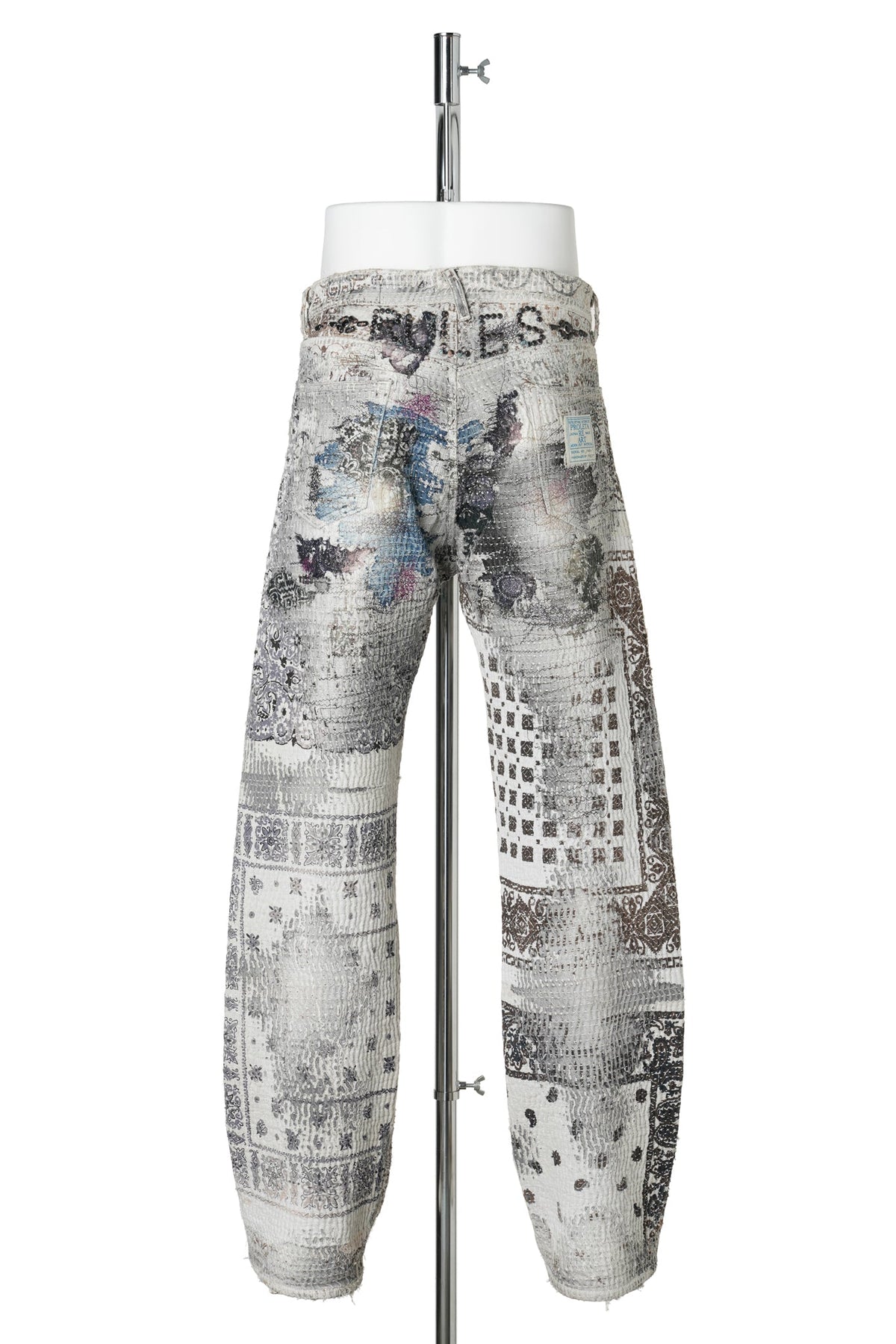RULES 褸優縷頭 HAND EMBROIDERY MOTORCYCLE JEANS ｢ALDANA’S BONE｣ / WHITE