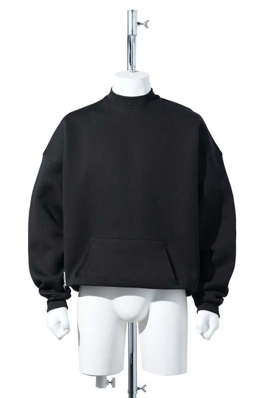 FLEECE BACKED JERSEY BLACK BOX PLEAT CREW NECK / BLACK