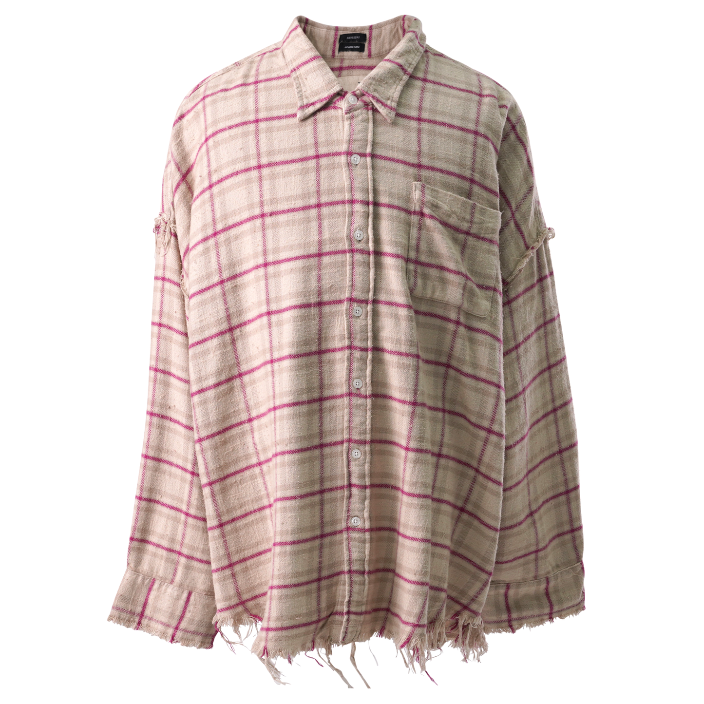 SHREDDED SEAM DROP NECK SHIRT / R387B:OVERDYED ECRU/PINK PLAID