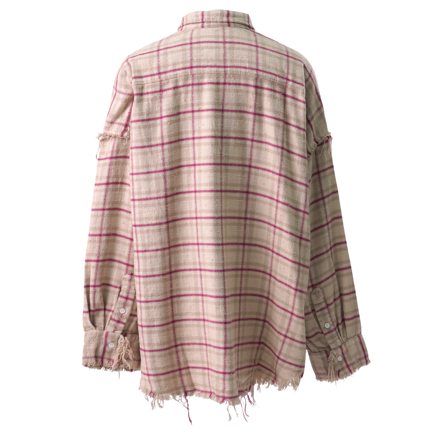 SHREDDED SEAM DROP NECK SHIRT / R387B:OVERDYED ECRU/PINK PLAID