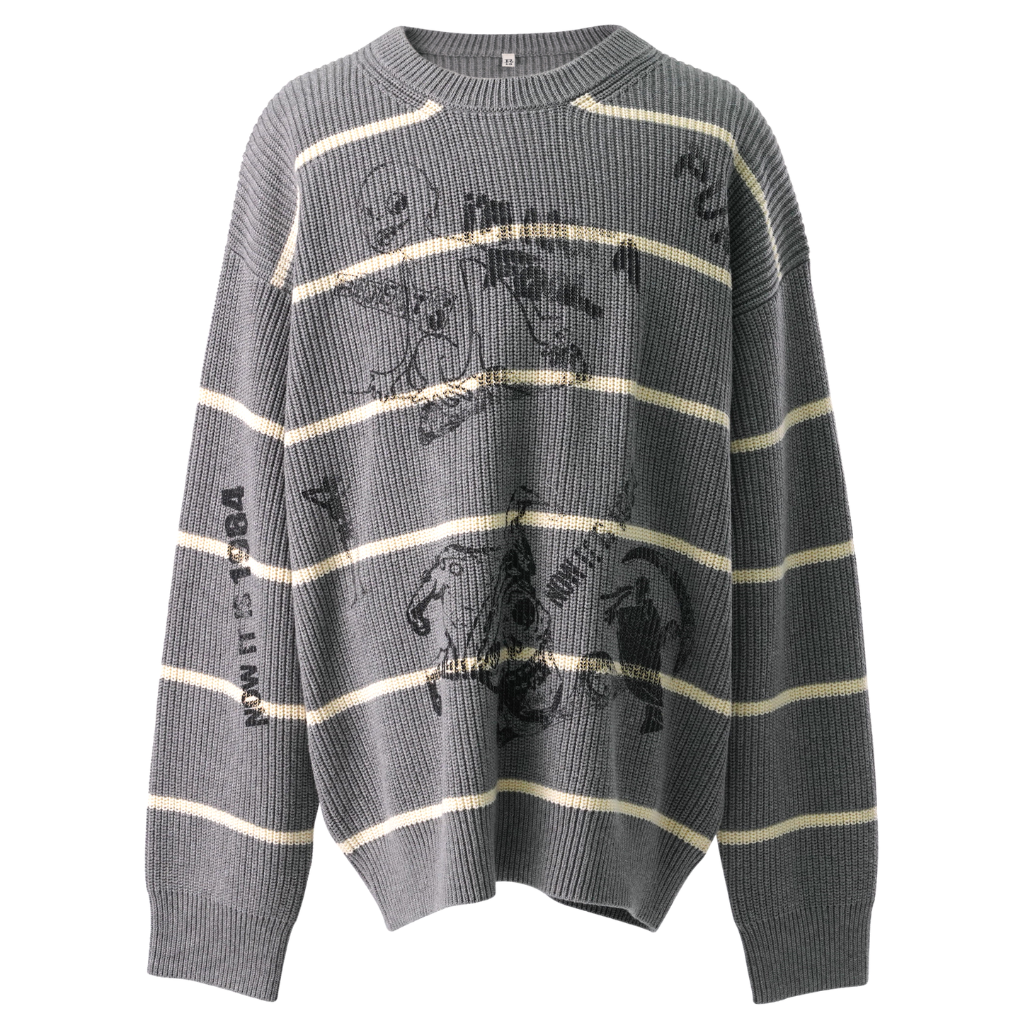 STRIPED BOYFRIEND SWEATER / Y148B:STRIPED HEATHER GREY WITH GRAPHICS