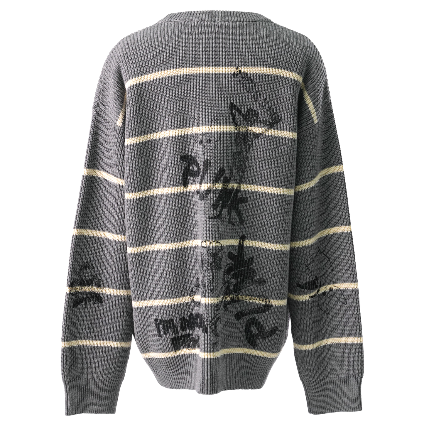 STRIPED BOYFRIEND SWEATER / Y148B:STRIPED HEATHER GREY WITH GRAPHICS