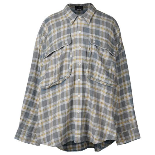 OVERSIZED POCKET DROP NECK SHIRT / R467B:CREAM/BULE PLAID