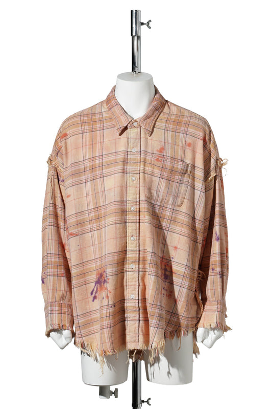 SHREDDED SEAM DROP NECK SHIRT / R654B:OVERDYED ORANGE PURPLE PLAID