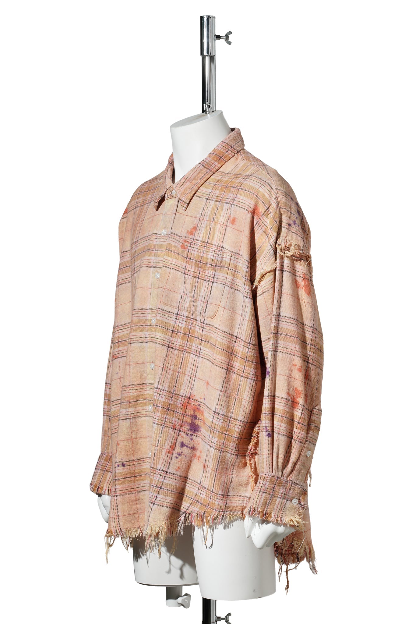 SHREDDED SEAM DROP NECK SHIRT / R654B:OVERDYED ORANGE PURPLE PLAID