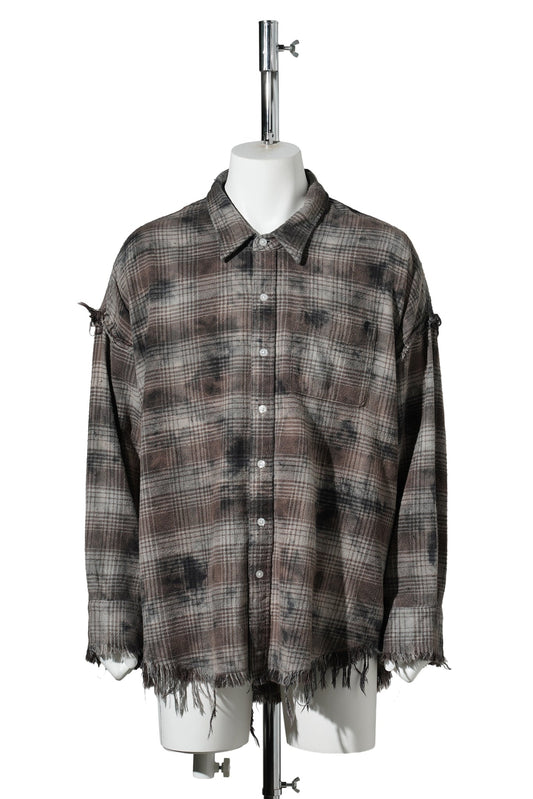 SHREDDED SEAM DROP NECK SHIRT / R684B:OVERDYED GREY PLAID