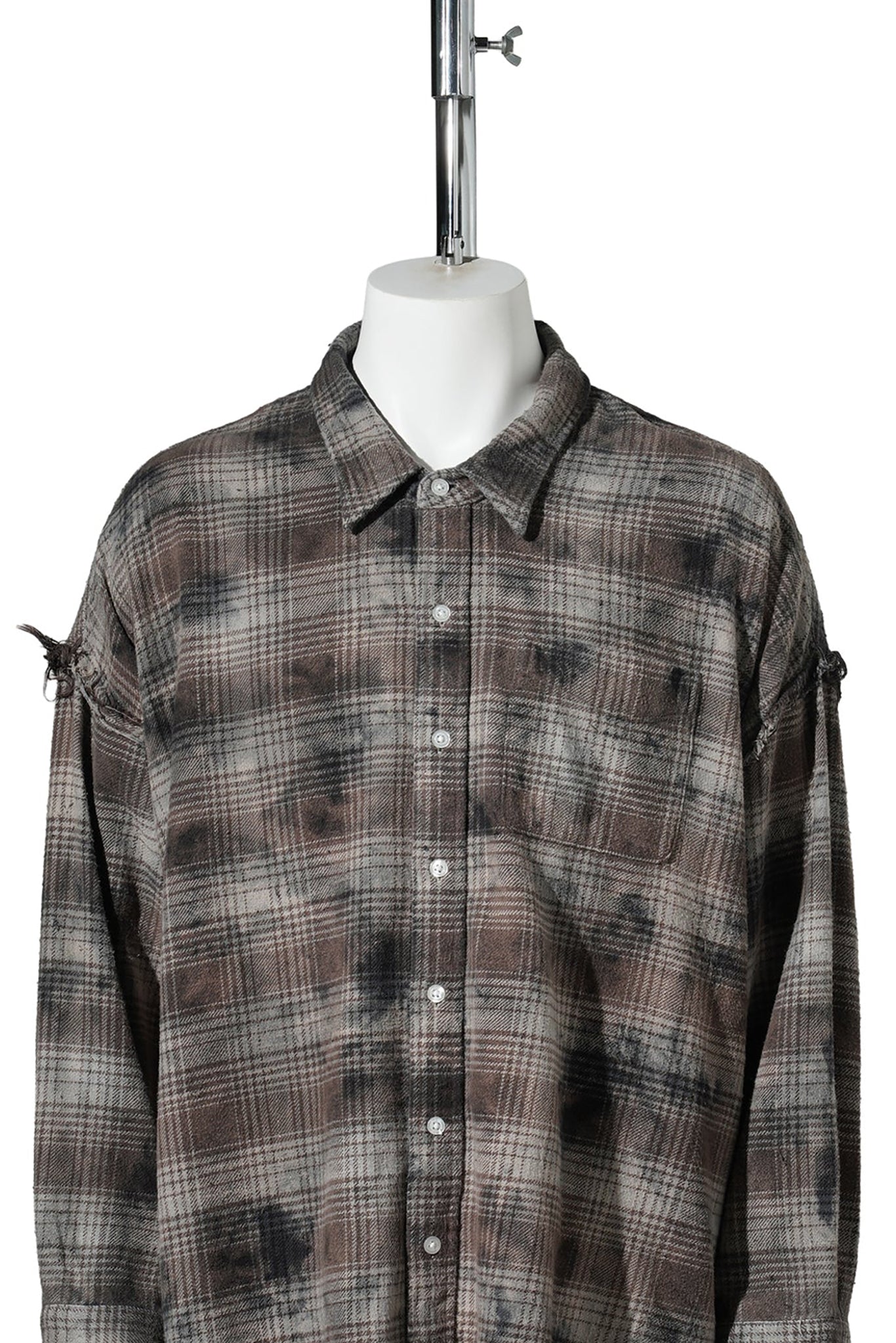 SHREDDED SEAM DROP NECK SHIRT / R684B:OVERDYED GREY PLAID