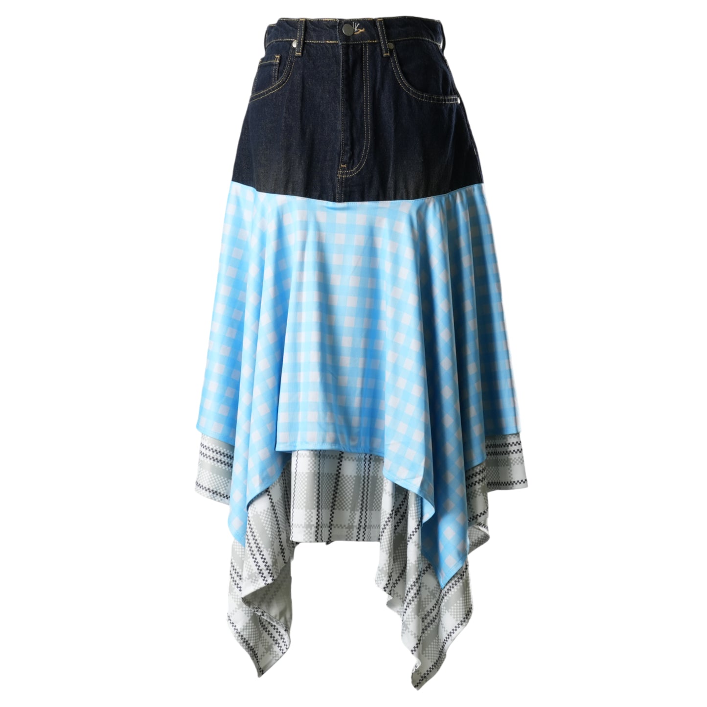 DENIM CLOTH CHECK SKIRT / NIGHT BLUE/SPUN BLUE/ALOE