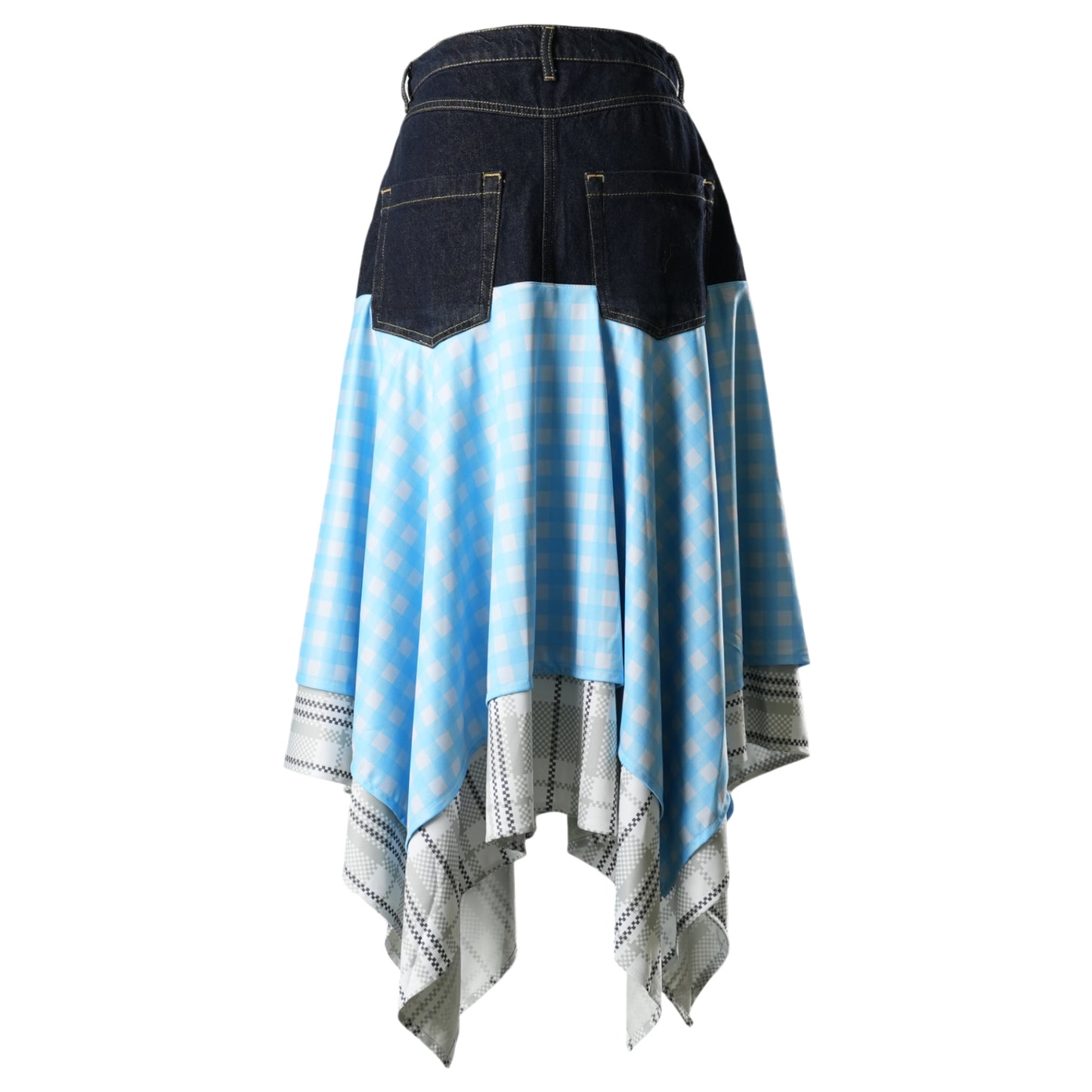 DENIM CLOTH CHECK SKIRT / NIGHT BLUE/SPUN BLUE/ALOE