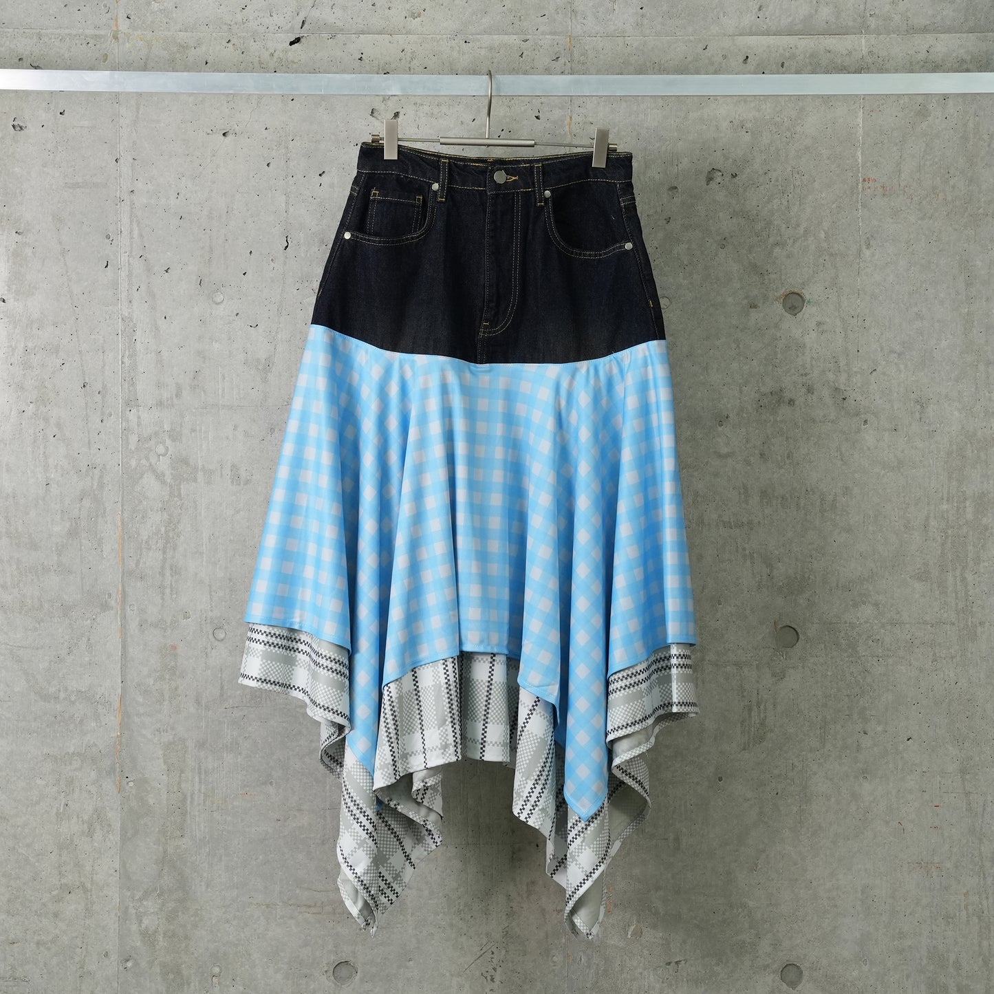 DENIM CLOTH CHECK SKIRT / NIGHT BLUE/SPUN BLUE/ALOE