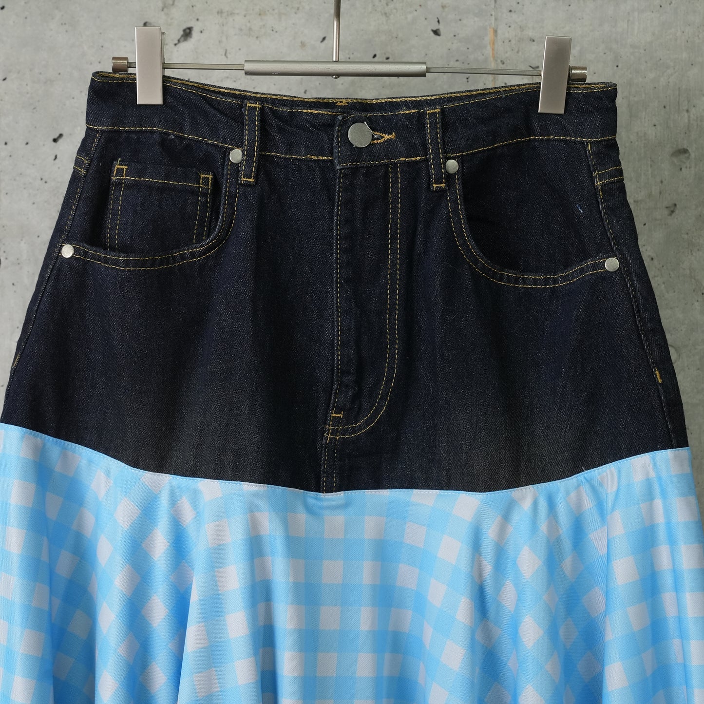 DENIM CLOTH CHECK SKIRT / NIGHT BLUE/SPUN BLUE/ALOE