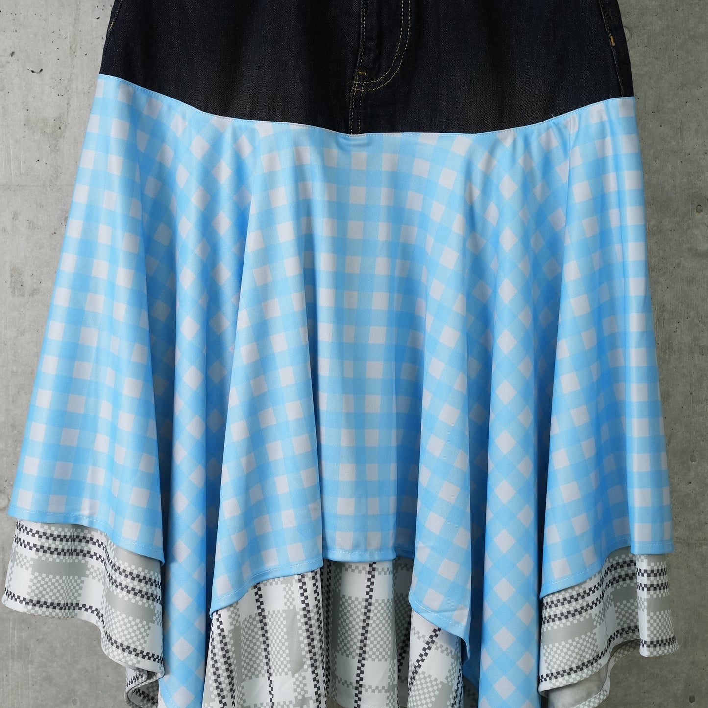 DENIM CLOTH CHECK SKIRT / NIGHT BLUE/SPUN BLUE/ALOE