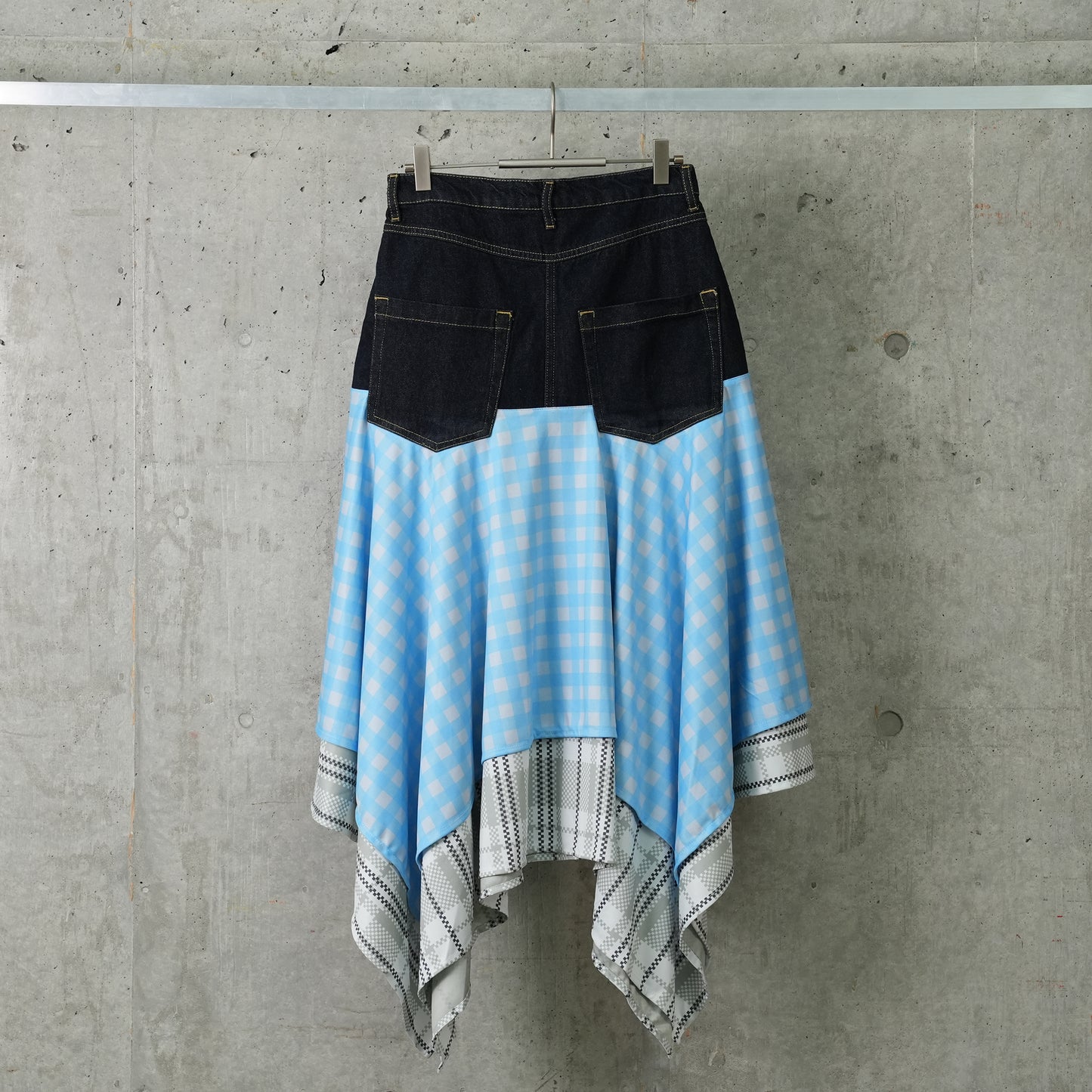 DENIM CLOTH CHECK SKIRT / NIGHT BLUE/SPUN BLUE/ALOE