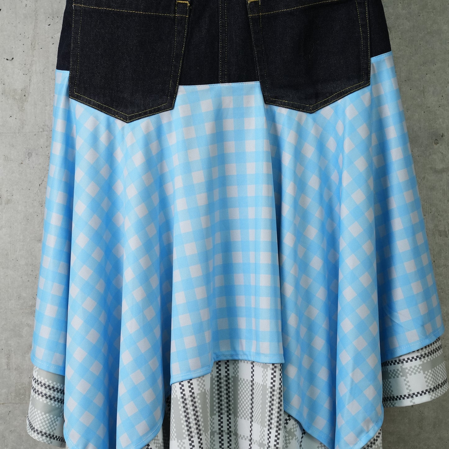 DENIM CLOTH CHECK SKIRT / NIGHT BLUE/SPUN BLUE/ALOE