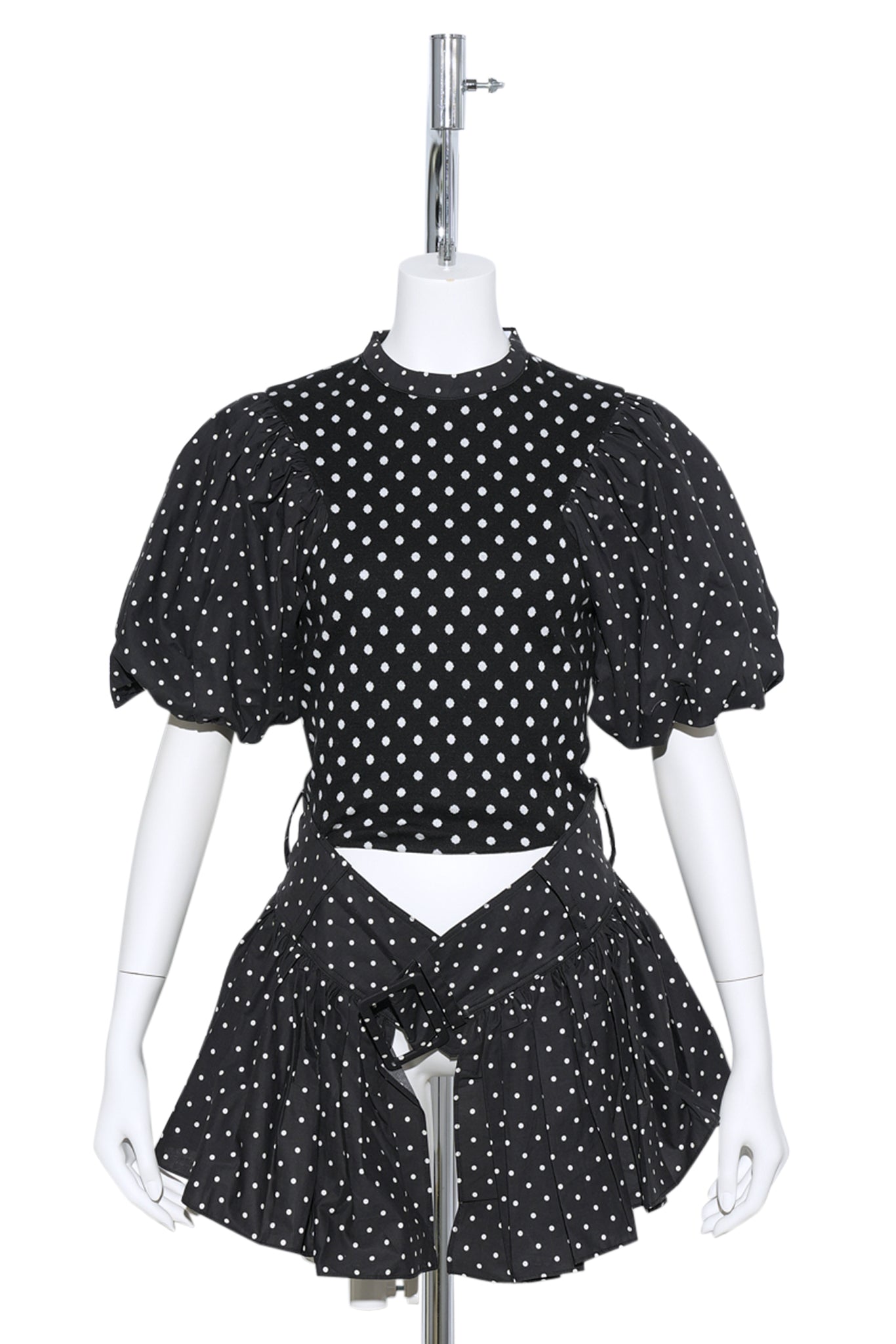 BELTED FLARE PUFF TOP / 3911:WHITE DOTTED BLACK