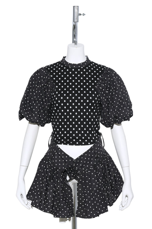 BELTED FLARE PUFF TOP / 3911:WHITE DOTTED BLACK